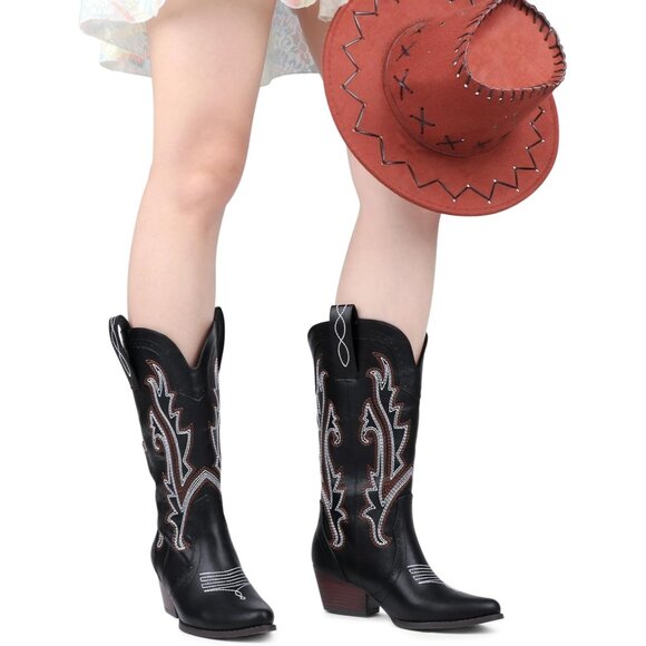 ⚡Women's Black Mid Calf Cowgirl Boots Pointy Toe Boot Embroidered Western - Picture 5 of 7